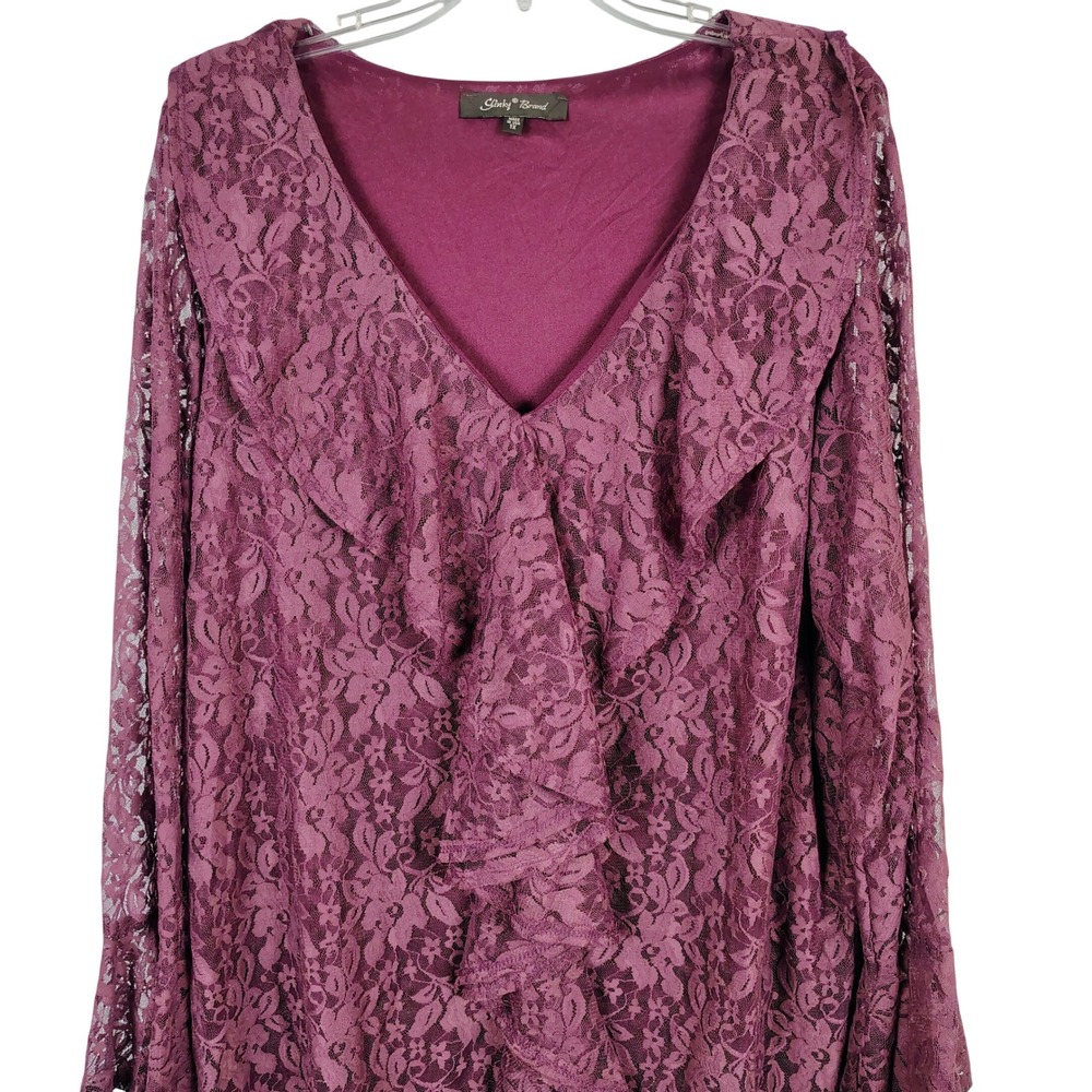 Slinky Brand Womens 1X Ruffle Lace Bell Sleeve Blouse Purple Floral Whimsygoth